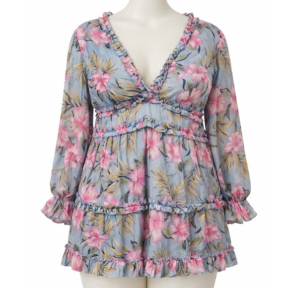 Mini Dress Fashion Nova Curve Tropical Floral Open Back Ruffle Blue Pink 1XL - Picture 2 of 4